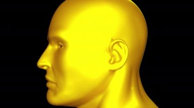 Demonstration of the head and face of a golden man. Computer generated background. 3D rendering of streamlined shape of the head rotates on the screen.