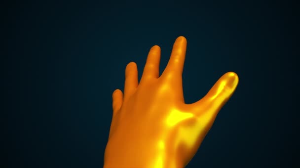 3d визуализация демонстрации золотой ладони Мидаса на темном фоне. Обтекаемая форма кисти повернитесь на экране, компьютер генерируется — стоковое видео