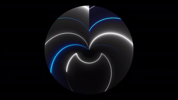 Темный круг с асимметричными неоновыми линиями света, сгенерированными компьютером. 3D рендеринг фон ночного клуба — стоковое видео