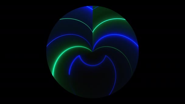 Темный круг с асимметричными неоновыми линиями света, сгенерированными компьютером. 3D рендеринг фон ночного клуба — стоковое видео