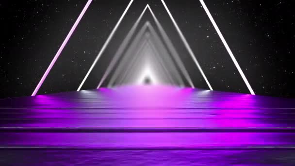 3D рендеринг, абстрактный фон, виртуальная реальность, флуоресцентный ультрафиолетовый свет, светящиеся неоновые линии, треугольный туннель с прямой гладкой дорогой — стоковое видео