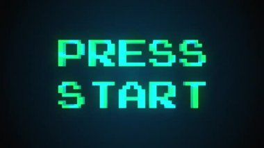 Computer generated a text message screen: Press start. 3d rendering 8-bit font, black background for videogame