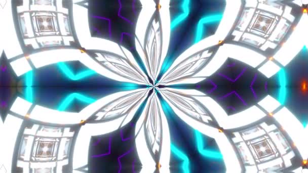 Bonita simetria abstrata caleidoscópio com linhas de néon brilhantes, 3d renderizar pano de fundo, computador gerando fundo — Vídeo de Stock