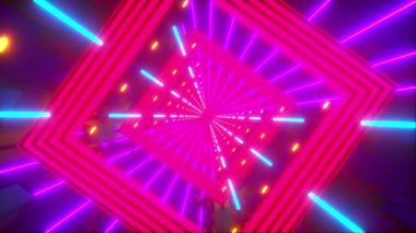 Computer generated technology neon tunnel. Teleport in the future. 3d rendering abstract background. Inside a rotating square corridor