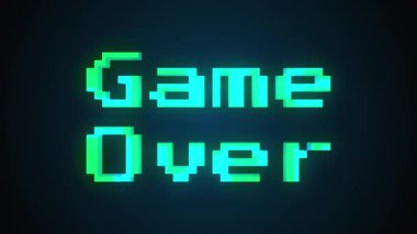 A videogame ending screen with text Game over, 3d rendering. Computer generated text in 8-bit retro background.