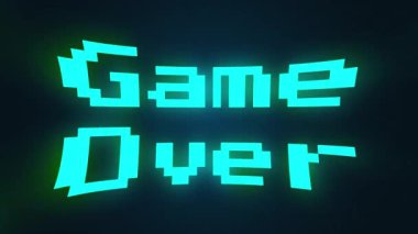 A videogame ending screen with text Game over, 3d rendering. Computer generated text in 8-bit retro background.