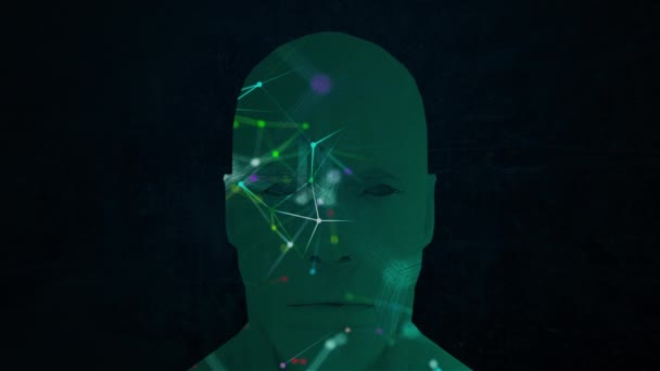 Абстрактне обличчя і точки з'єднання всередині. Технологічний фон. Концепція мережі. 3D візуалізація — стокове відео