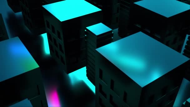 3D рендеринг изометрических зданий в ночное время. Концепция футуристического города с красочными огнями. Созданный компьютером абстрактный фон — стоковое видео