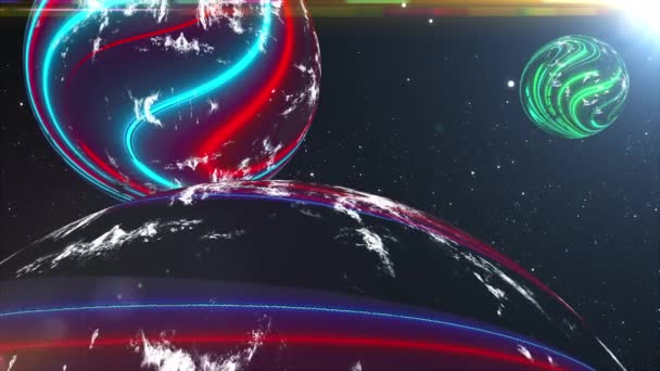 Computer generated colorful cosmic landscape. Futuristic space with neon planets on a starry background. 3d rendering — Stock Video