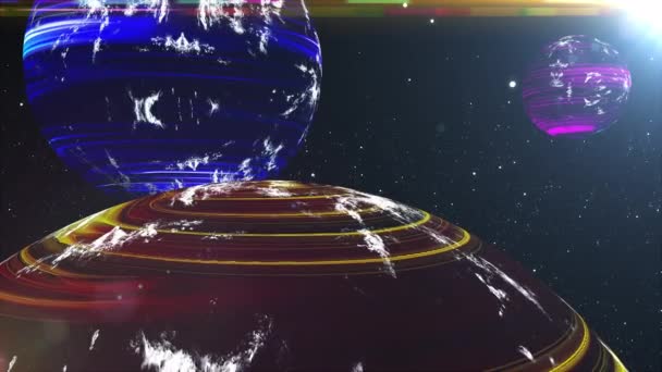 Computer erzeugte farbenfrohe kosmische Landschaft. Futuristischer Weltraum mit Neon-Planeten auf Sternenhintergrund. 3D-Darstellung — Stockvideo