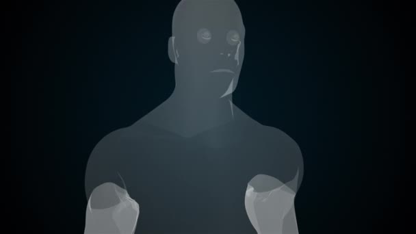 머리부터 발끝까지의 인체 모형, 컴퓨터가 만들어 졌습니다. 3d 는 투명 한 남성상 이다. 디지털 배경 — 비디오