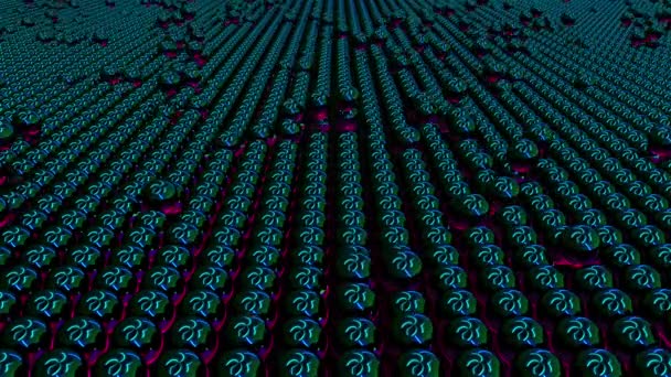 Поверхность многих неоновых сфер с отражением. 3D рендеринг современного изометрического фона, сгенерированный компьютером — стоковое видео