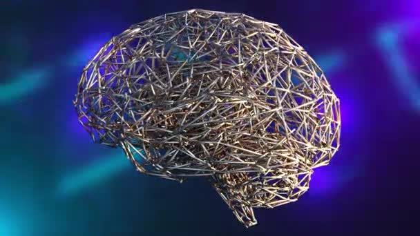 Der Computer erzeugte künstliche Intelligenz. 3D-Darstellung der Form des menschlichen Gehirns aus einem Drahtgeflecht vor dem Hintergrund farbiger Lichter — Stockvideo