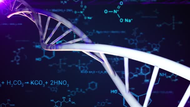 DNA-dubbelspiral, och de kemiska formlerna, datorgenererade. 3D-tolkning av medicinsk forskningsbakgrund — Stockvideo