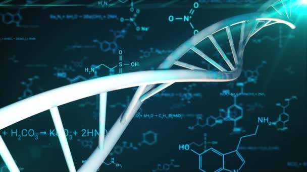 Двойная спираль ДНК и химические формулы, созданные компьютером. 3D рендеринг медицинских исследований — стоковое видео