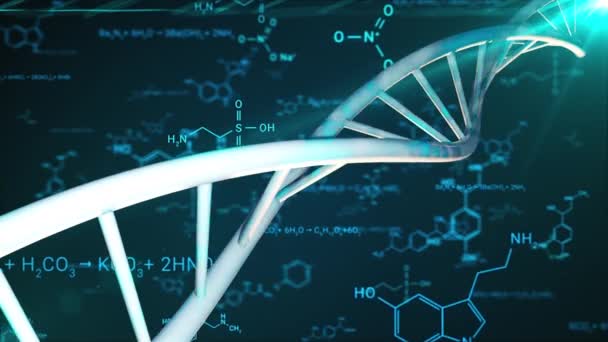 DNA-dubbelspiral, och de kemiska formlerna, datorgenererade. 3D-tolkning av medicinsk forskningsbakgrund — Stockvideo