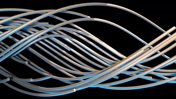 As fibras ópticas aleatórias são tecidas em uma grande espiral, renderização 3d. Computador gerado fundo volumétrico abstrato — Vídeo de Stock