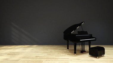 ahşap zemin üzerinde siyah piyano / 3d Rendering