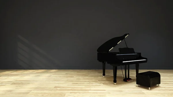 black piano on wood floor /  3D Rendering