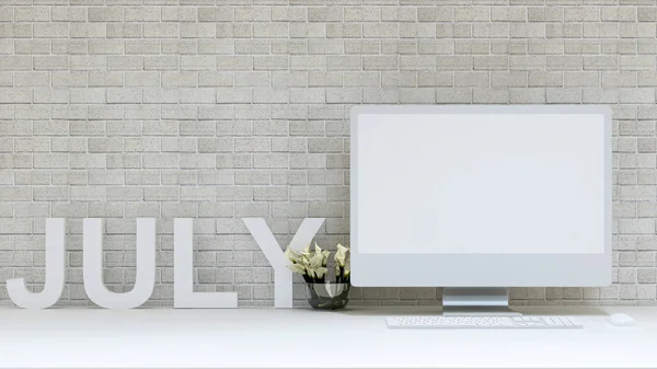 Juli-Kalender mit Computer und Backstein-Hintergrund - 3d rende — Stockfoto