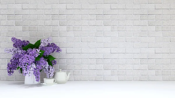 Vaas met paarse bloem met theepauze op baksteen achtergrond - 3d re — Stockfoto