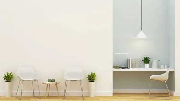 Sala de estar y espacio de trabajo de diseño azul pastel - 3D Rendering —  Fotos de Stock