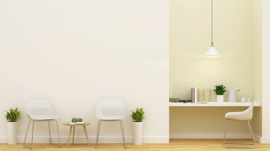 yaşam alanı ve çalışma alanı pastel sarı - 3d render tasarım