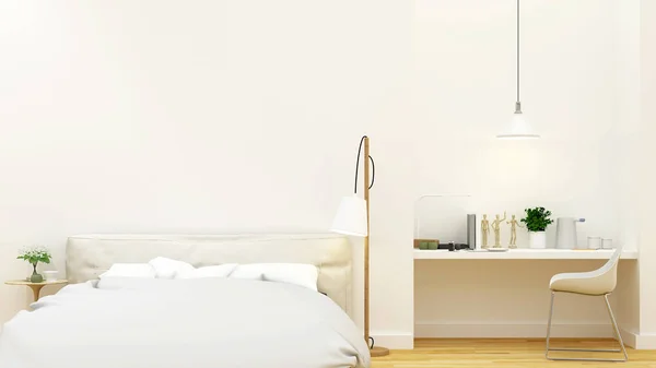 Biała sypialnia i czysty obszar roboczy projektowania renderowania 3d — Zdjęcie stockowe