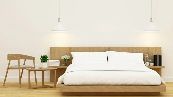 Sypialnia w drewnianej konstrukcji i ramki dla kompozycji-renderowania 3d — Zdjęcie stockowe