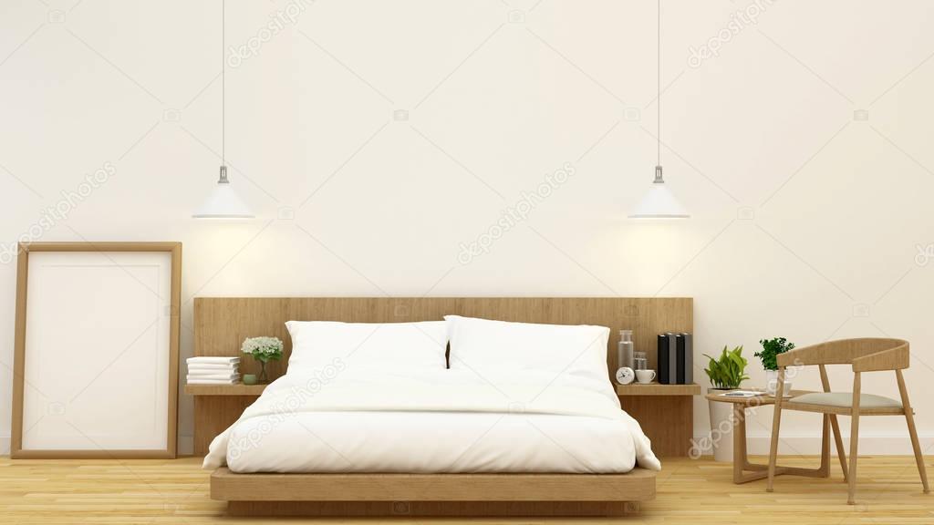 bedroom in wooden design and frame for artwork- 3d rendering