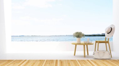 Otel - 3d render Teras ve lake görünümünde dinlenin