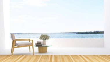 otel - 3d render Teras ve lake görünümünde koltukta