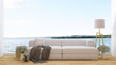 kafe veya lounge ve lake görünümü - 3d render bölgede yaşayan