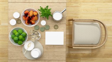 Üstten Görünüm yemek odası veya kiler en az tasarım - 3d render