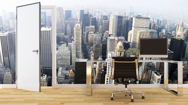 Workspace and city view for artwork-3D Rendering — Stock Photo, Image