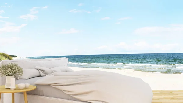 Спальня і тераса видом на море в готелі або резиденції - 3d Renderin — стокове фото