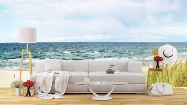 plaj ve deniz üzerinde yaşam alanı - 3d render görüntülemek