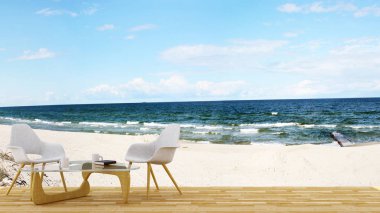 yaşayan terraceand yan plaj ve deniz - 3d render görüntülemek
