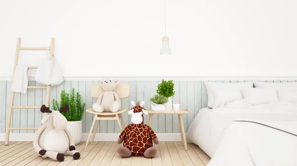 Rennes avec girafe et poupée ours dans chambre d'enfant ou chambre-rendu 3D — Photo