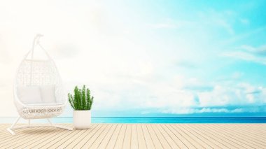 Beyaz rattan beşiği ve Teras Denizi üzerinde bitki - 3d render görüntülemek
