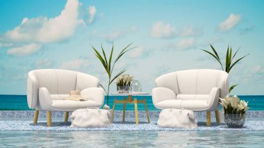 yaşam alanı havuzu güverte ve deniz - 3d render görüntülemek