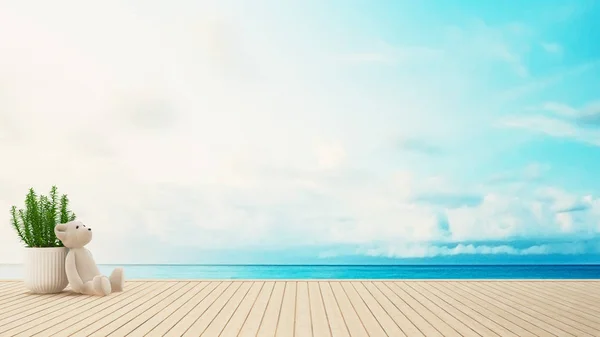 Osito de peluche en la terraza vista al mar - 3D Rendering —  Fotos de Stock