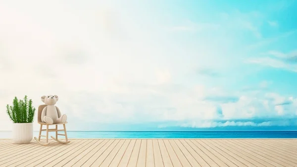 Oso de peluche sentado en mecedora en la terraza vista al mar - 3D Ren —  Fotos de Stock