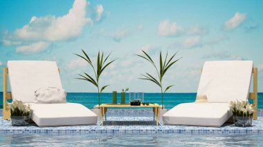 daybed Teras Yüzme Havuzu deniz üzerinde görüntülemek - 3d render