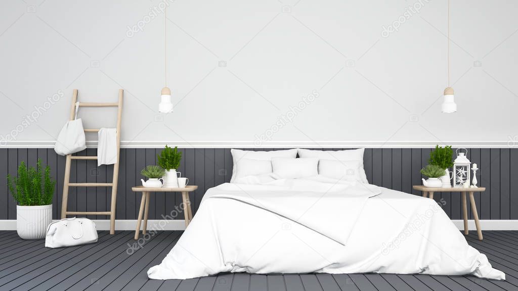 black bedroom or guestroom of hotel - 3d Rendering