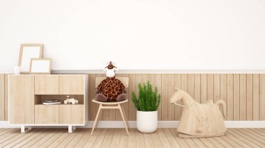 çocuk odası sandalye üzerinde zürafa bebek ya da kahve alışveriş - 3d render