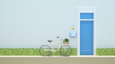Bisiklet ve beyaz mavi kapı arka plan-3d Rendering.jpg tuğla