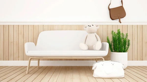 Teddy bear op sofa in de woonkamer of koffie shop - 3d Rendering — Stockfoto