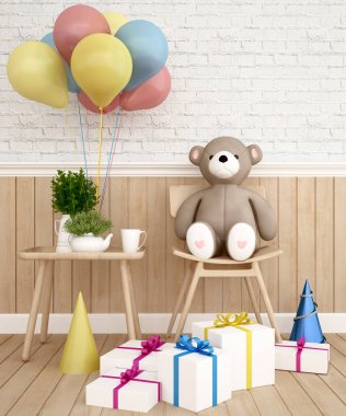 -3d render hediye ve balon ile sandalyeye ayı