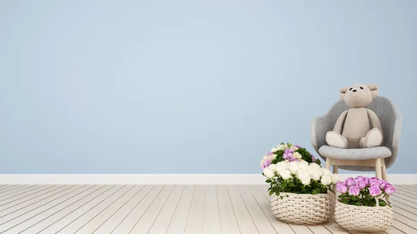 Nallebjörn på fåtölj och blomma i ljusblått rumsservice - 3d Render — Stockfoto